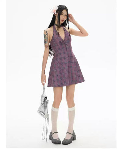 Zero Plaid Chest Pad Halter Dress-korean-fashion-Dress-Zero's Closet-OH Garments
