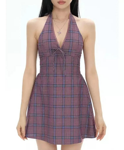 Zero Plaid Chest Pad Halter Dress-korean-fashion-Dress-Zero's Closet-OH Garments