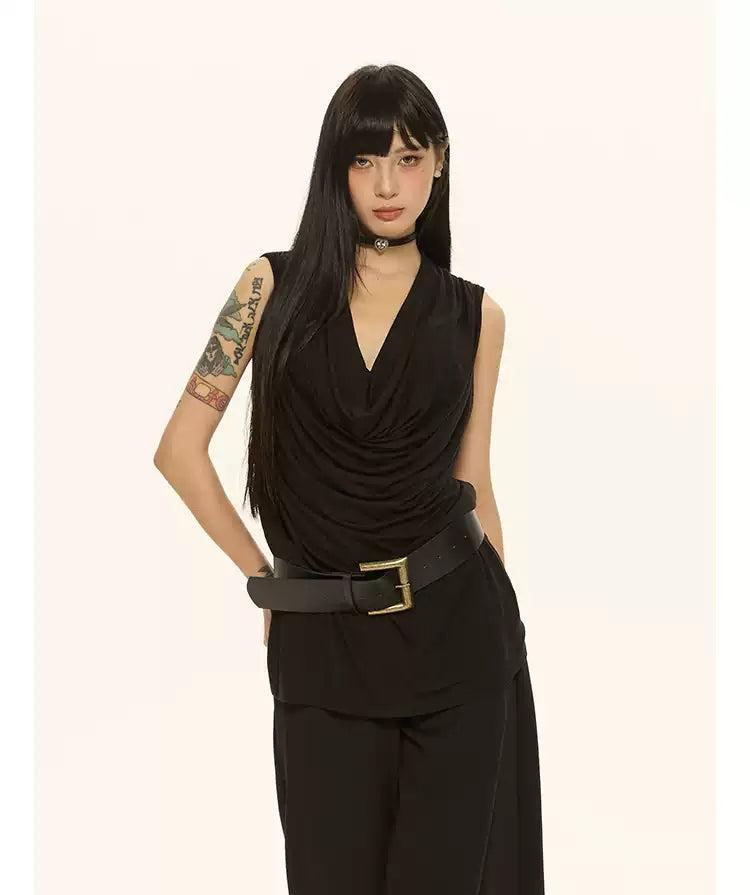 Zero Plunged Neck Drape Blouse-korean-fashion-Blouse-Zero's Closet-OH Garments