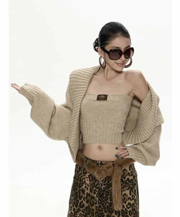 Zero Ribbed Knit Tube Top & Plain Cardigan Set-korean-fashion-Clothing Set-Zero's Closet-OH Garments