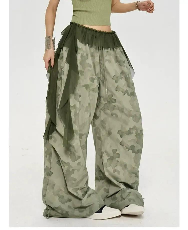 Zero Ruffled Lace Camouflage Wide Leg Pants-korean-fashion-Pants-Zero's Closet-OH Garments