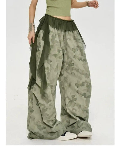 Zero Ruffled Lace Camouflage Wide Leg Pants-korean-fashion-Pants-Zero's Closet-OH Garments