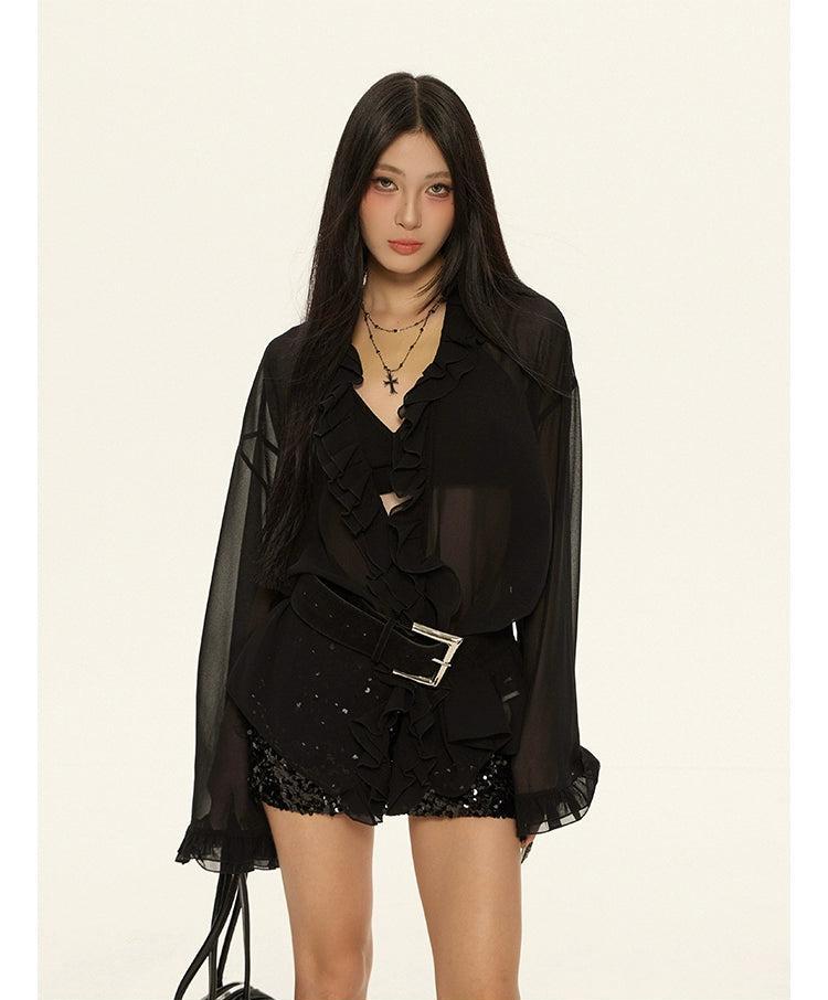 Zero Sheer Ruffled V-Neck Blouse-korean-fashion-Blouse-Zero's Closet-OH Garments
