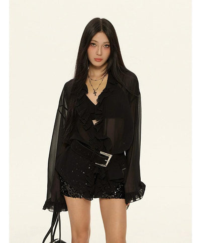 Zero Sheer Ruffled V-Neck Blouse-korean-fashion-Blouse-Zero's Closet-OH Garments