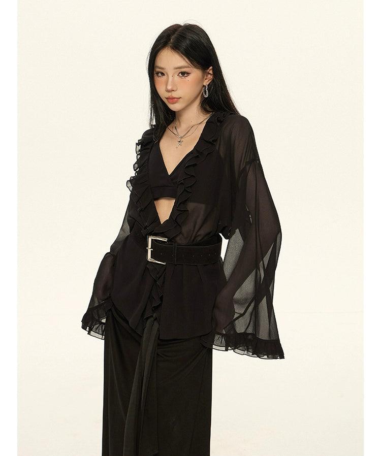 Zero Sheer Ruffled V-Neck Blouse-korean-fashion-Blouse-Zero's Closet-OH Garments