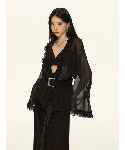 Zero Sheer Ruffled V-Neck Blouse-korean-fashion-Blouse-Zero's Closet-OH Garments