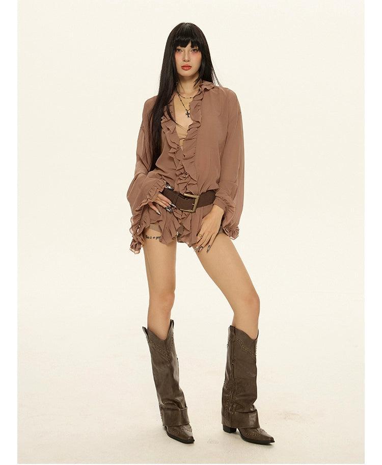 Zero Sheer Ruffled V-Neck Blouse-korean-fashion-Blouse-Zero's Closet-OH Garments