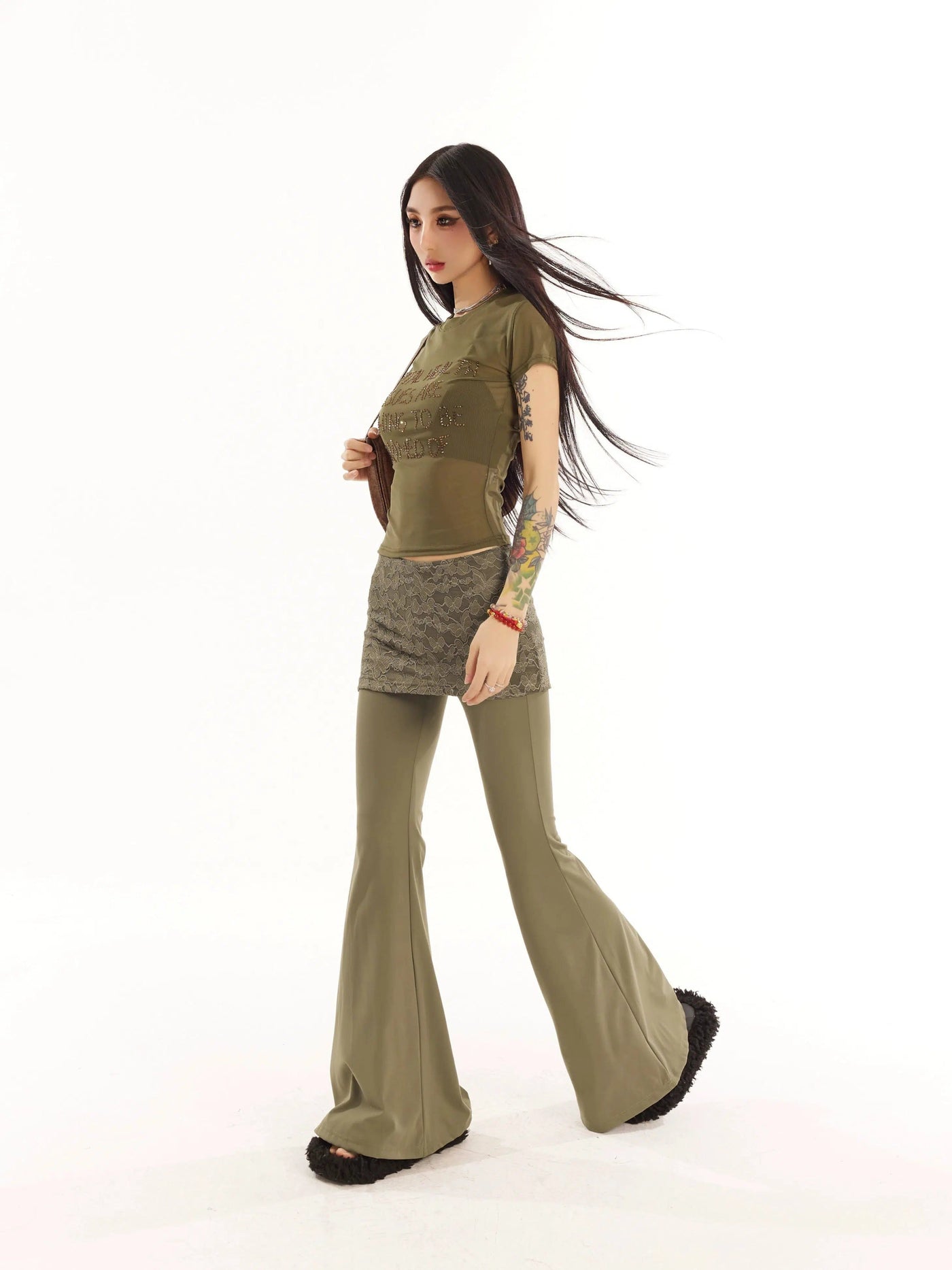 Zero Two-Piece Lace Textured Flared Pants-korean-fashion-Pants-Zero's Closet-OH Garments