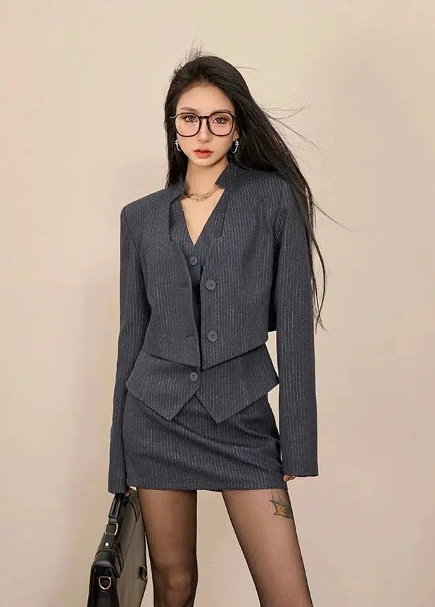 Zero Vintage Striped Blazer, Vest & Skirt Set-korean-fashion-Clothing Set-Zero's Closet-OH Garments