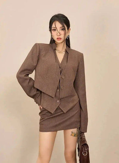 Zero Vintage Striped Blazer, Vest & Skirt Set-korean-fashion-Clothing Set-Zero's Closet-OH Garments