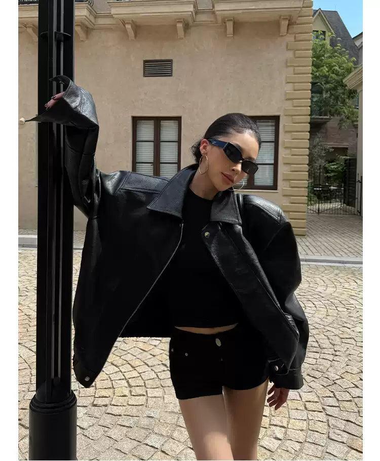 Zero Wide Shoulder Faux Leather Jacket-korean-fashion-Jacket-Zero's Closet-OH Garments
