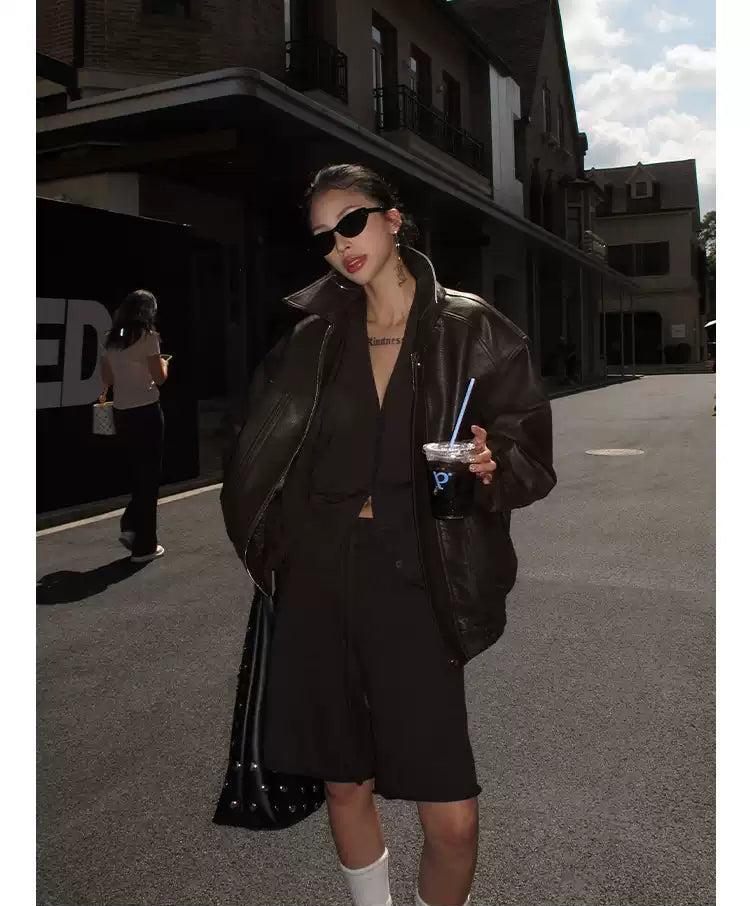 Zero Wide Shoulder Faux Leather Jacket-korean-fashion-Jacket-Zero's Closet-OH Garments