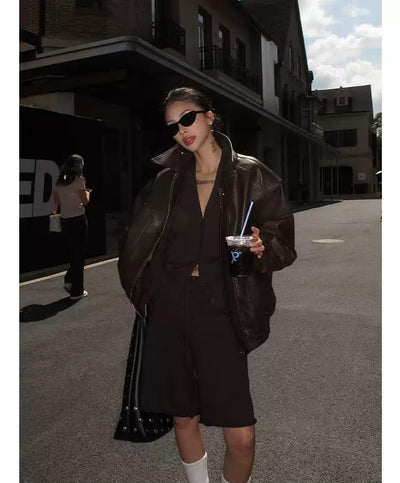 Zero Wide Shoulder Faux Leather Jacket-korean-fashion-Jacket-Zero's Closet-OH Garments