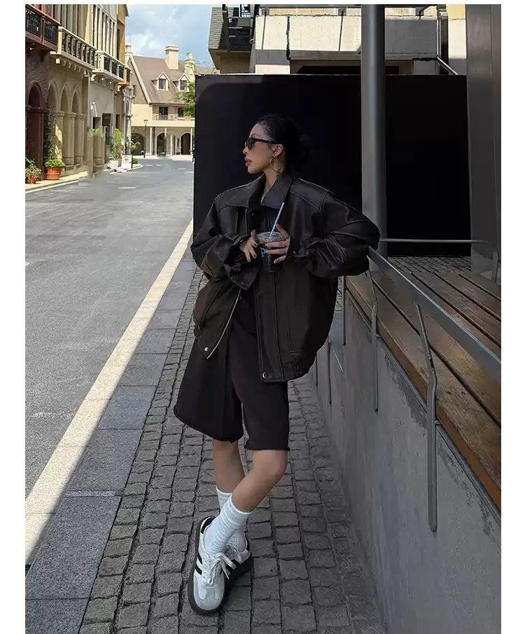 Zero Wide Shoulder Faux Leather Jacket-korean-fashion-Jacket-Zero's Closet-OH Garments