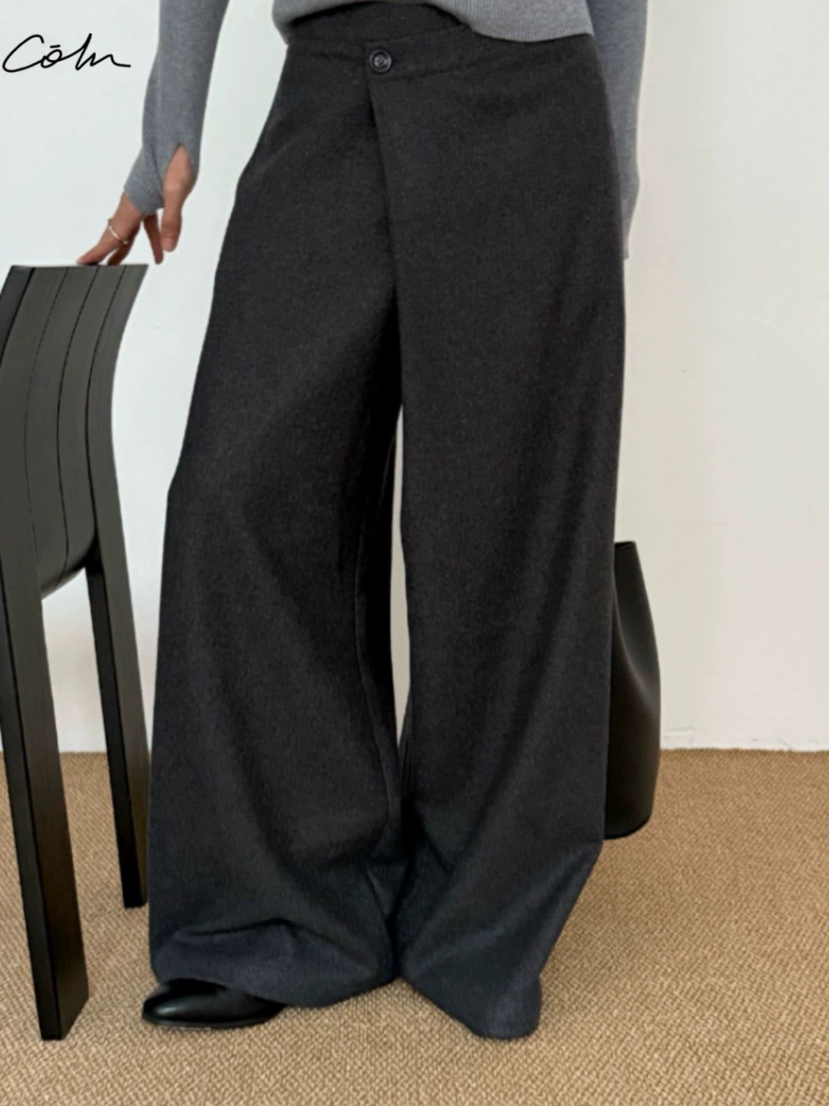 Zhou Asymmetric Button Loose Fit Trousers-korean-fashion-Trousers-Zhou's Closet-OH Garments