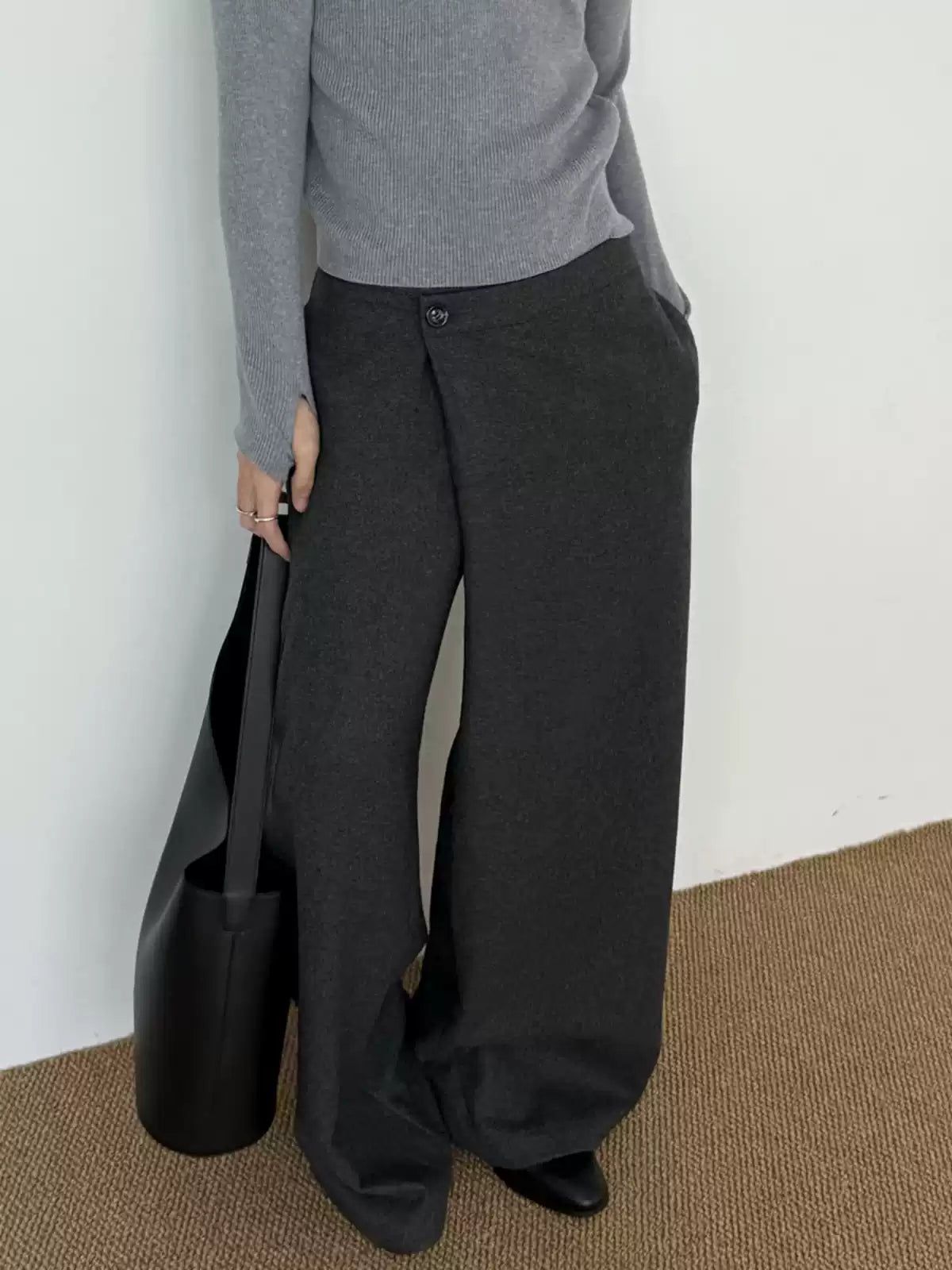 Zhou Asymmetric Button Loose Fit Trousers-korean-fashion-Trousers-Zhou's Closet-OH Garments