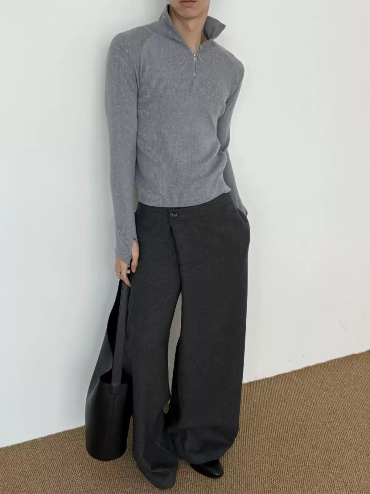 Zhou Asymmetric Button Loose Fit Trousers-korean-fashion-Trousers-Zhou's Closet-OH Garments