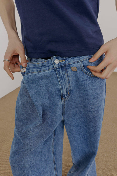 Zhou Asymmetric Buttons Straight Jeans-korean-fashion-Jeans-Zhou's Closet-OH Garments