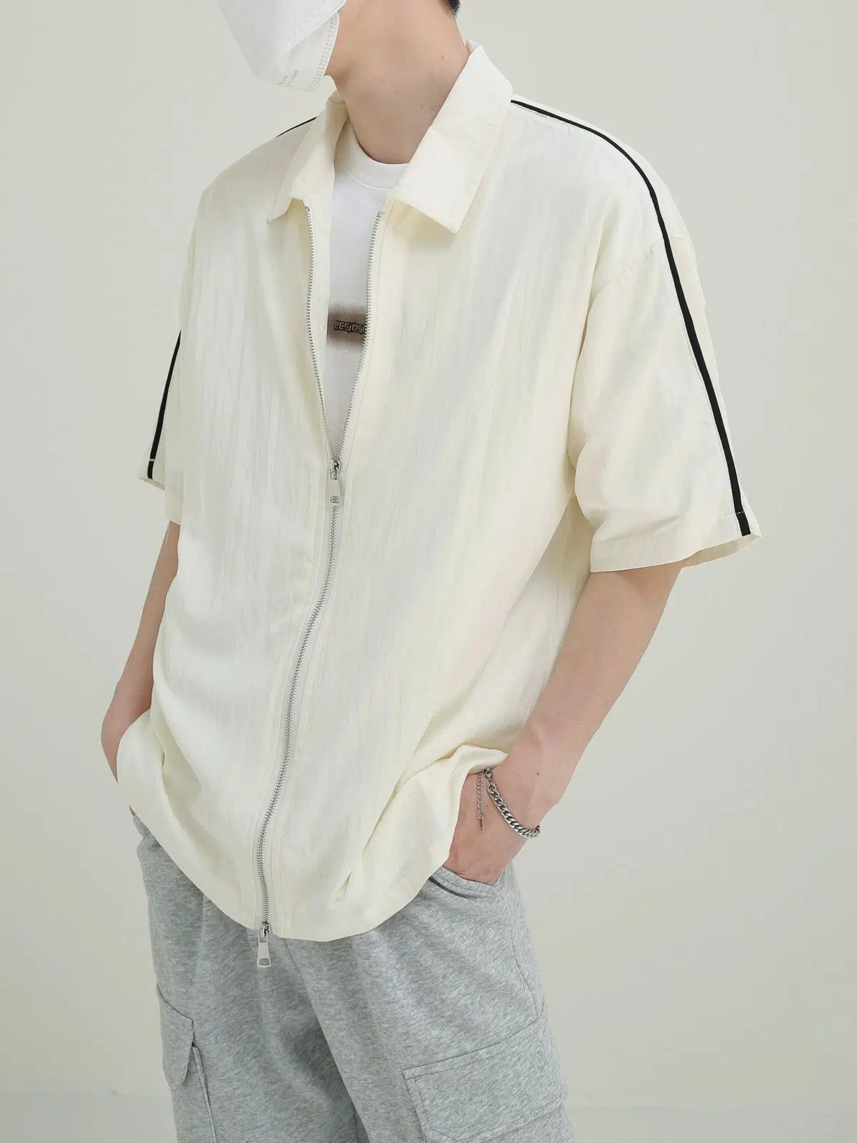 Zhou Bar Contrast Zip-Up Shirt-korean-fashion-Shirt-Zhou's Closet-OH Garments