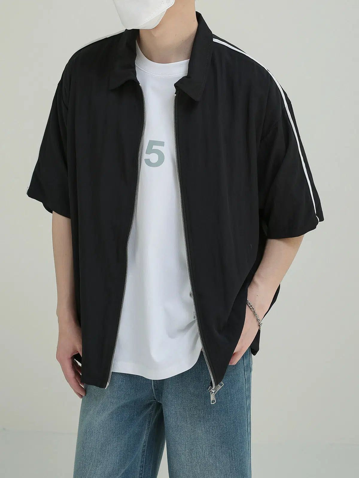 Zhou Bar Contrast Zip-Up Shirt-korean-fashion-Shirt-Zhou's Closet-OH Garments