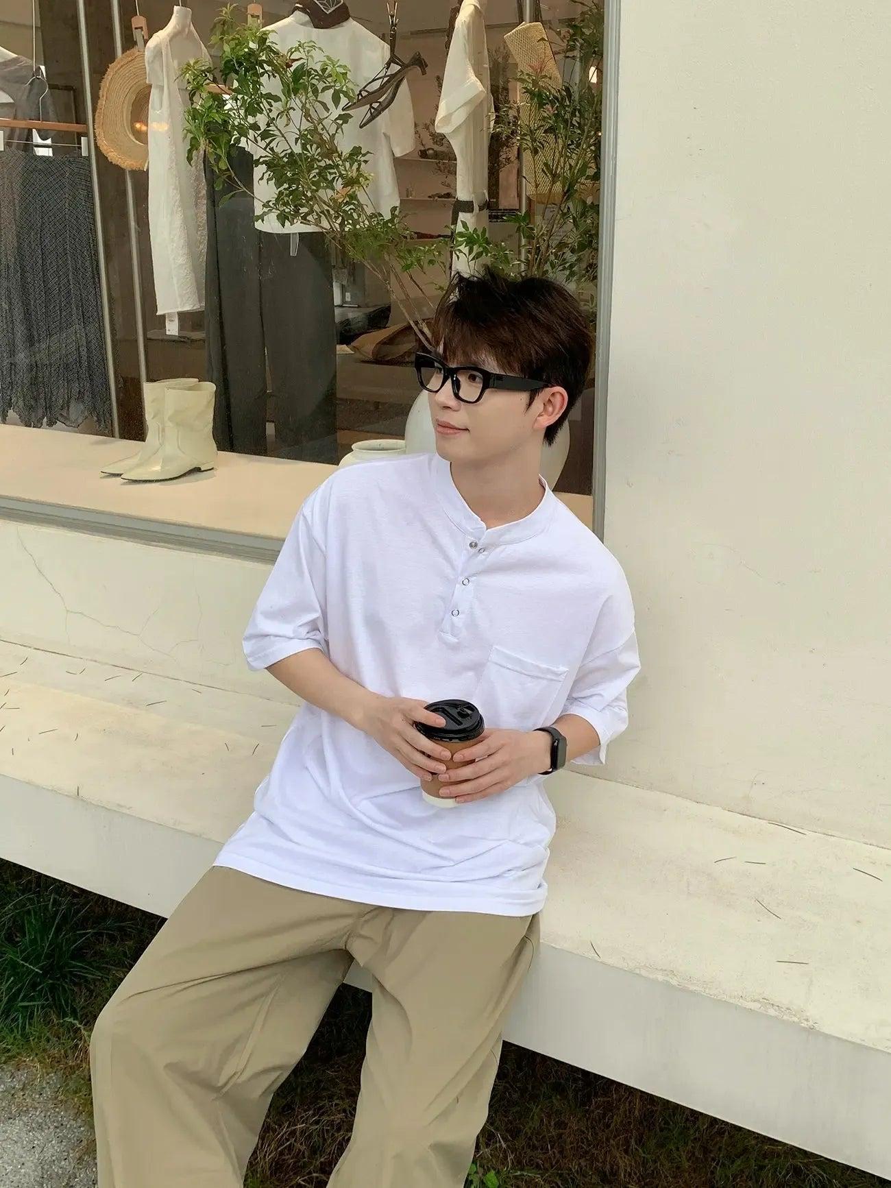 Zhou Breast Pocket Henley T-Shirt-korean-fashion-T-Shirt-Zhou's Closet-OH Garments