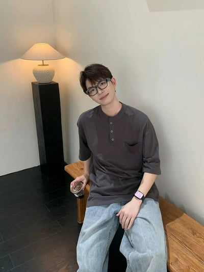 Zhou Breast Pocket Henley T-Shirt-korean-fashion-T-Shirt-Zhou's Closet-OH Garments