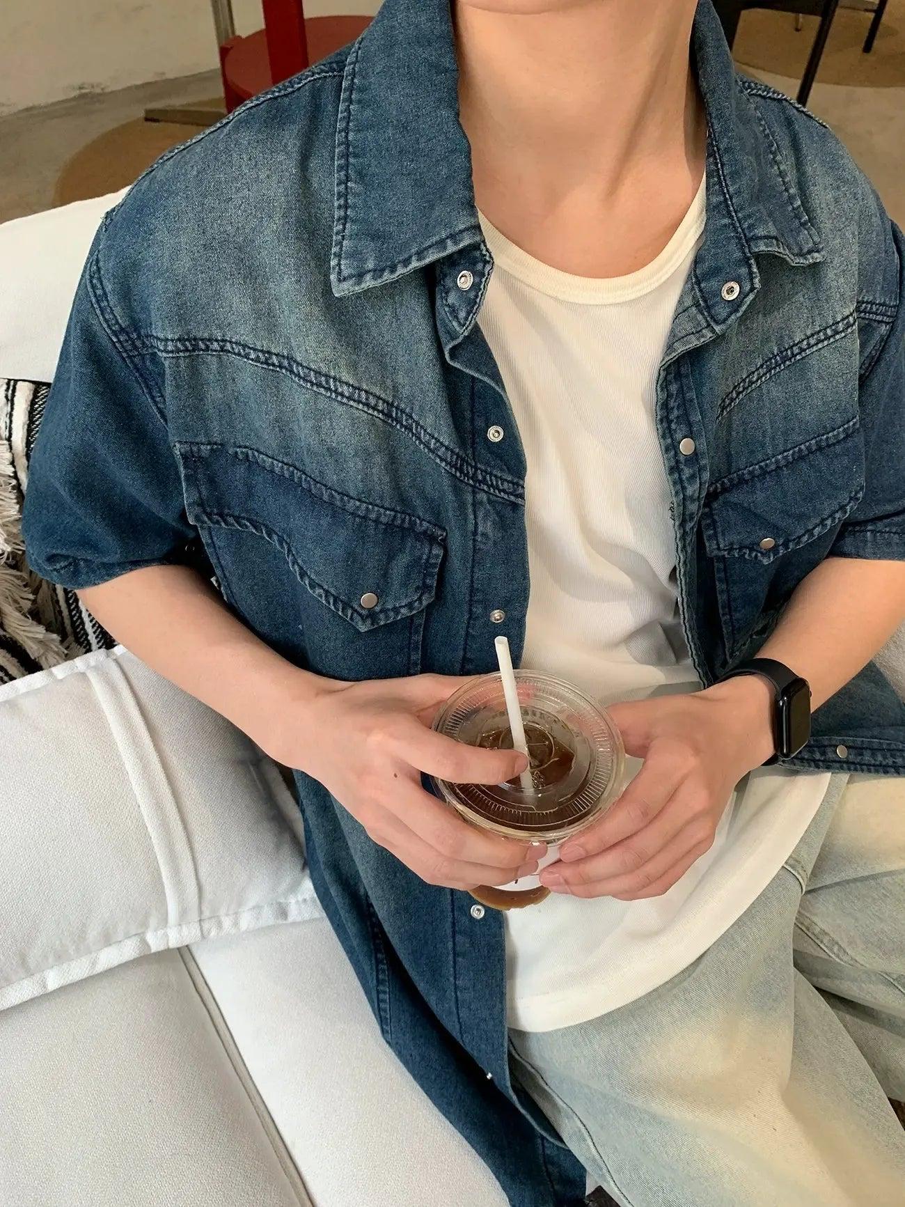 Zhou Buttoned Front Pockets Denim Shirt-korean-fashion-Shirt-Zhou's Closet-OH Garments