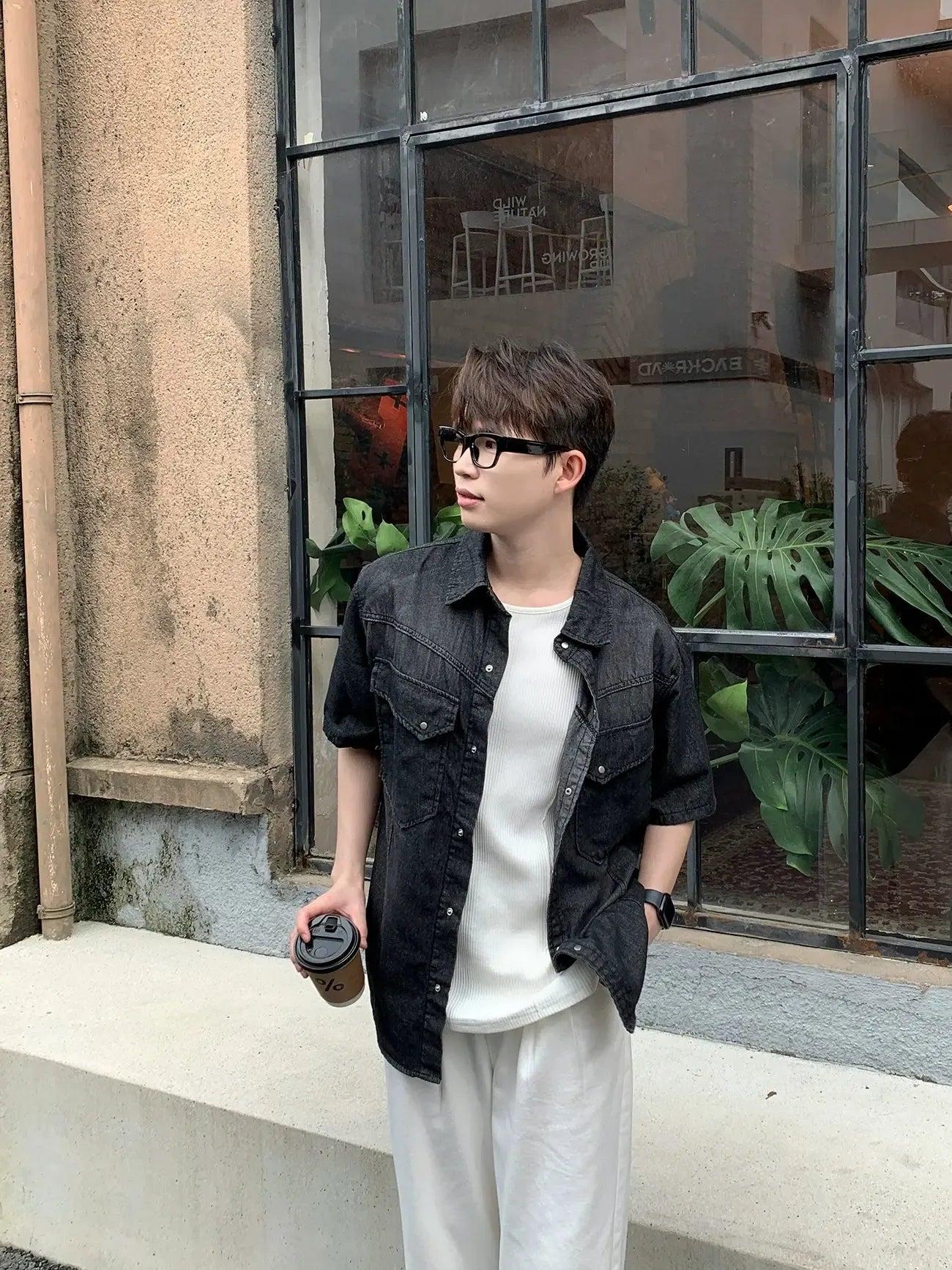 Zhou Buttoned Front Pockets Denim Shirt-korean-fashion-Shirt-Zhou's Closet-OH Garments