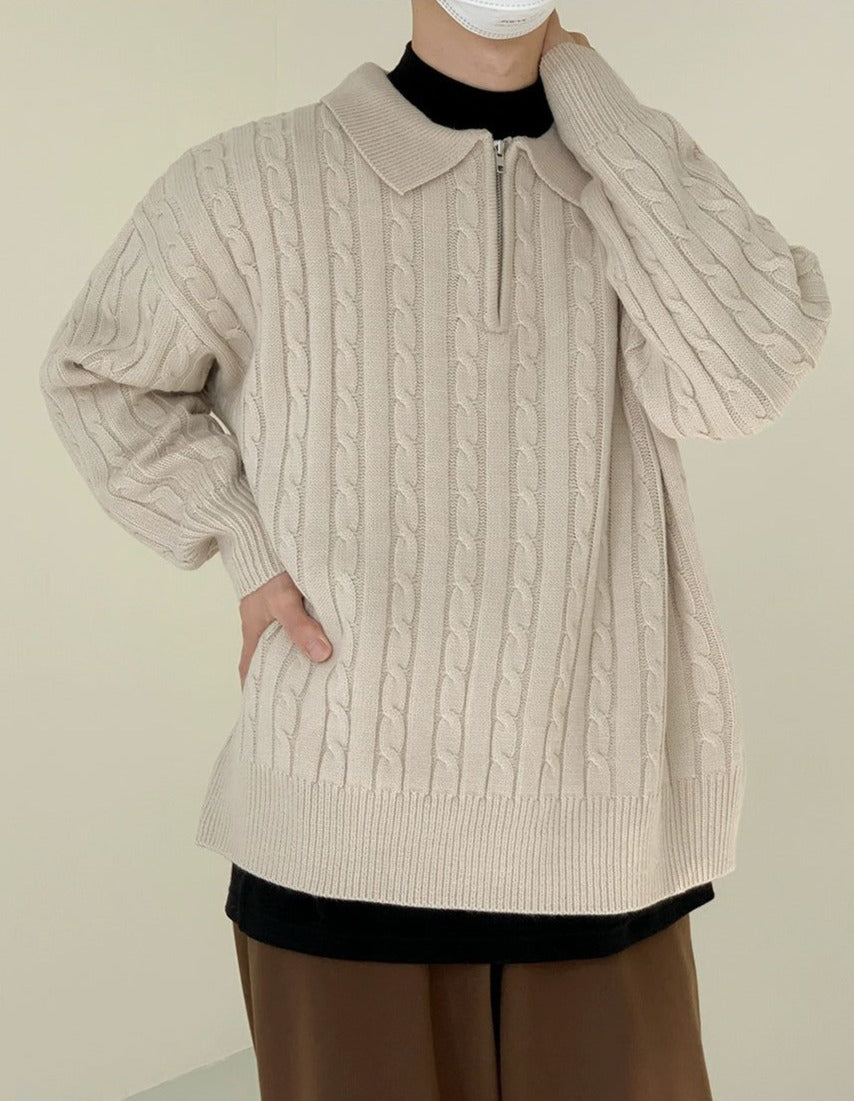 Zhou Cable-Knit Collared Sweater-korean-fashion-Sweater-Zhou's Closet-OH Garments