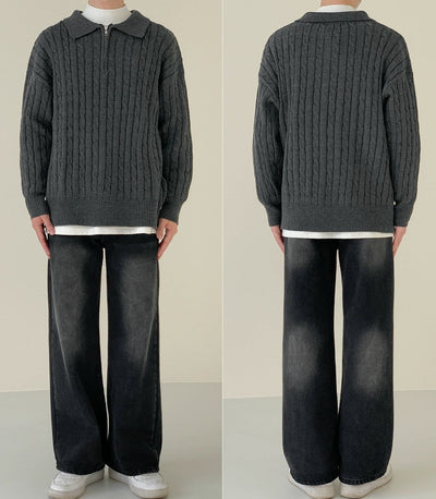 Zhou Cable-Knit Collared Sweater-korean-fashion-Sweater-Zhou's Closet-OH Garments