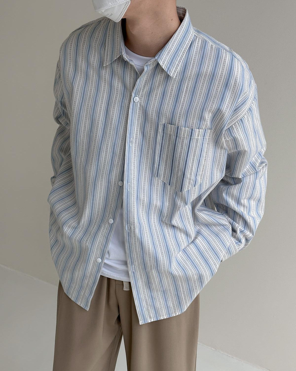 Zhou Casual Light Stripes Long Sleeve Shirt-korean-fashion-Shirt-Zhou's Closet-OH Garments