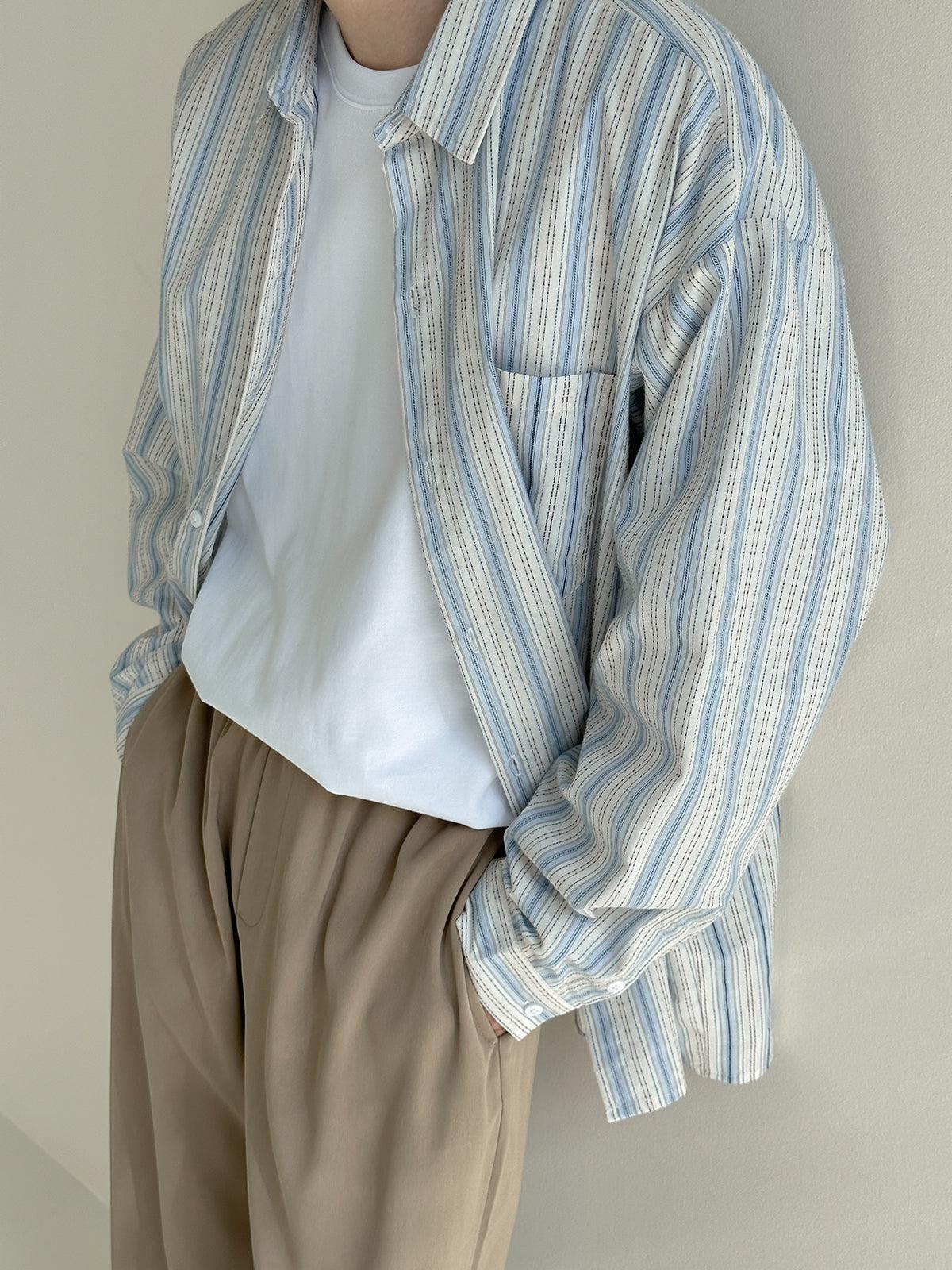 Zhou Casual Light Stripes Long Sleeve Shirt-korean-fashion-Shirt-Zhou's Closet-OH Garments