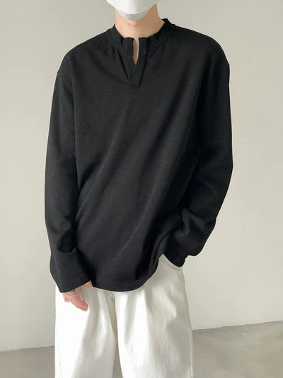 Zhou Casual Notched Collar Long Sleeve T-Shirt-korean-fashion-T-Shirt-Zhou's Closet-OH Garments