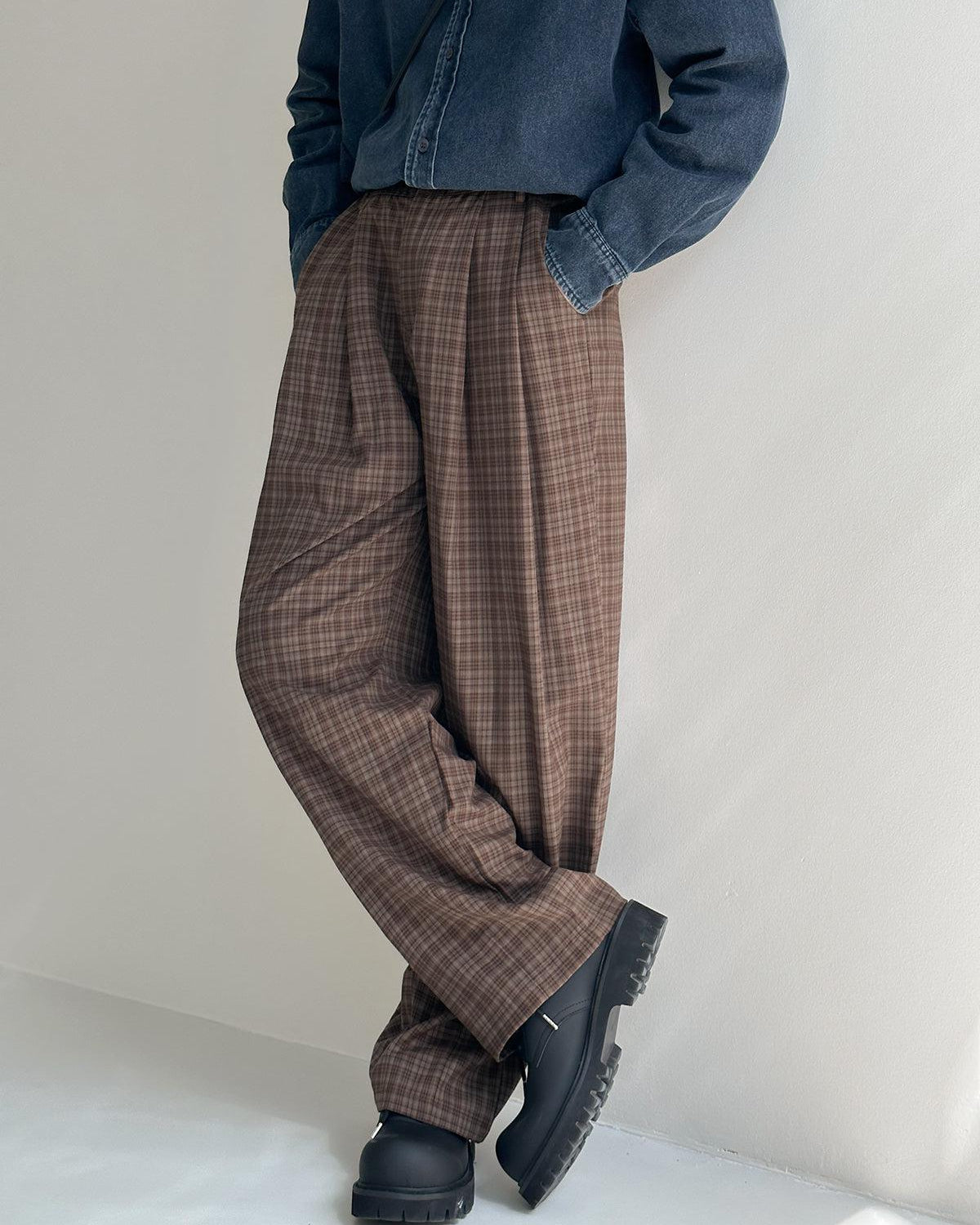 Zhou Classic Plaid Fold Pleated Pants-korean-fashion-Pants-Zhou's Closet-OH Garments