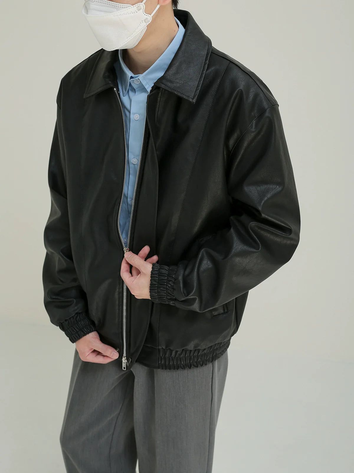 Zhou Collared Faux Leather Jacket-korean-fashion-Jacket-Zhou's Closet-OH Garments