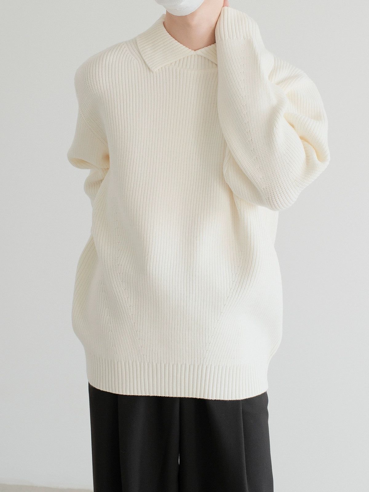 Zhou Collared Waffle Grid Relaxed Sweater-korean-fashion-Sweater-Zhou's Closet-OH Garments