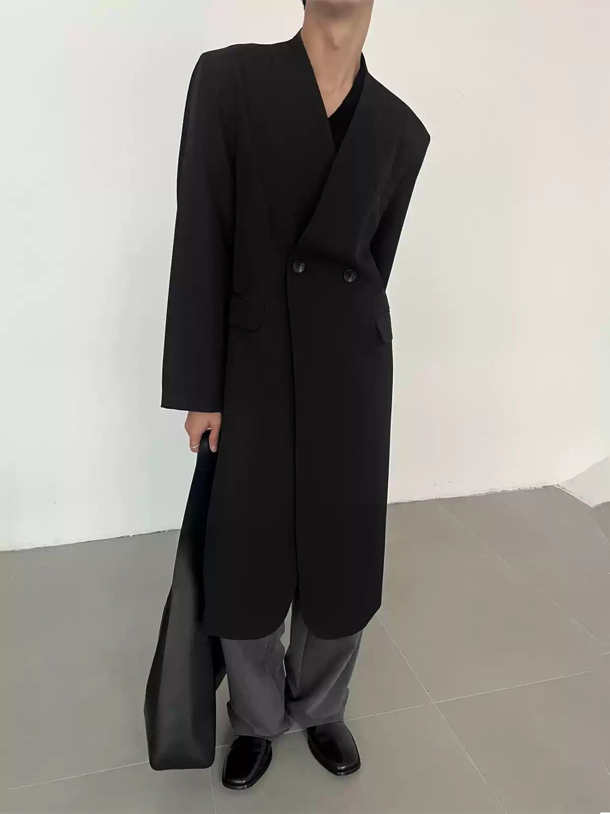 Zhou Collarless Double-Breasted Long Coat-korean-fashion-Long Coat-Zhou's Closet-OH Garments