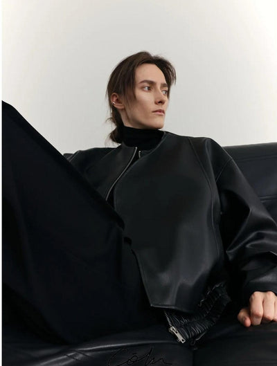 Zhou Collarless Layer-Wrapped PU Leather Jacket-korean-fashion-Jacket-Zhou's Closet-OH Garments