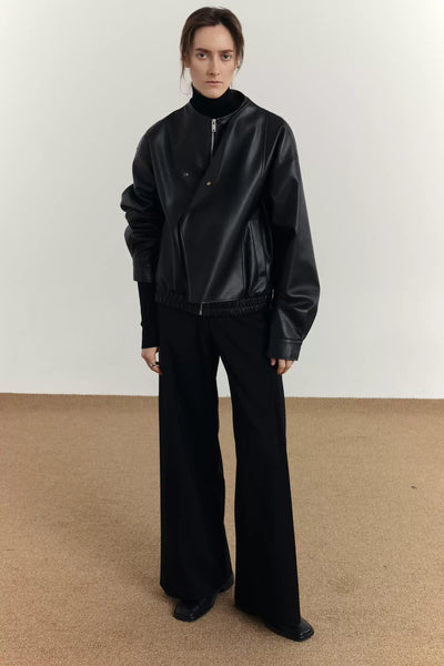 Zhou Collarless Layer-Wrapped PU Leather Jacket-korean-fashion-Jacket-Zhou's Closet-OH Garments