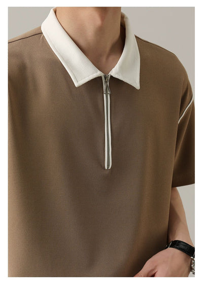 Zhou Contrast Collar Half-Zip Polo-korean-fashion-Polo-Zhou's Closet-OH Garments