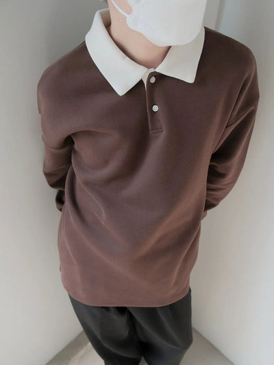 Zhou Contrast Collar Long Sleeves Polo-korean-fashion-Polo-Zhou's Closet-OH Garments