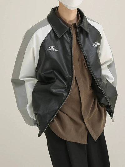 Zhou Contrast Color PU Leather Jacket-korean-fashion-Jacket-Zhou's Closet-OH Garments