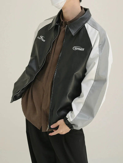 Zhou Contrast Color PU Leather Jacket-korean-fashion-Jacket-Zhou's Closet-OH Garments