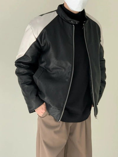 Zhou Contrast Faux Leather Jacket-korean-fashion-Jacket-Zhou's Closet-OH Garments