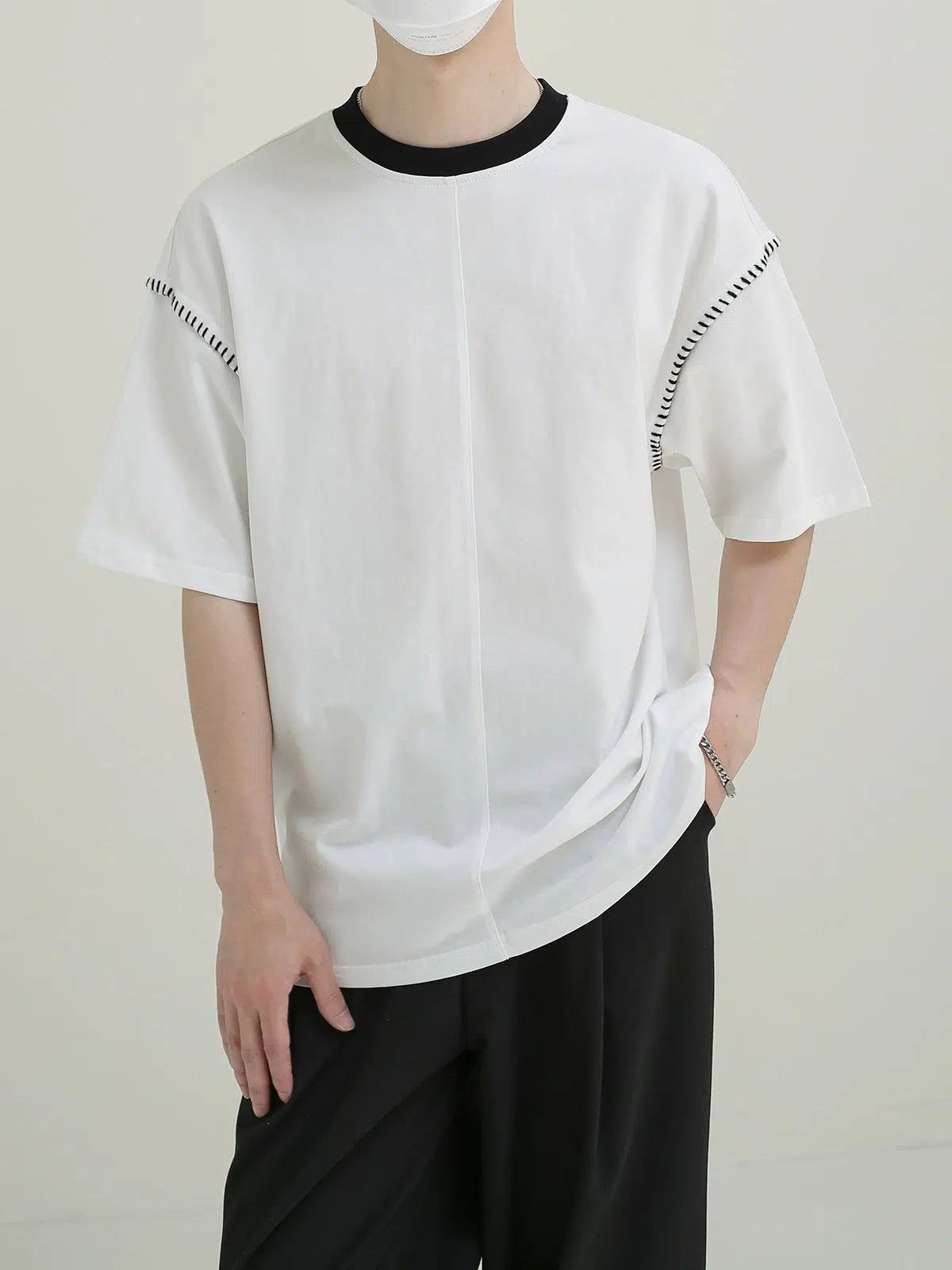 Zhou Contrast Neckline & Shoulder Line T-Shirt-korean-fashion-T-Shirt-Zhou's Closet-OH Garments