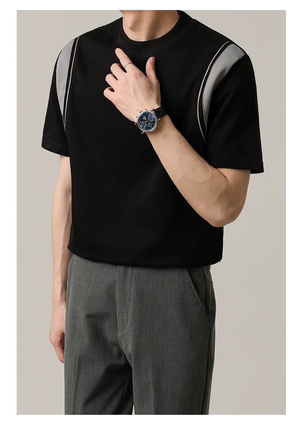 Zhou Contrast Splice Line T-Shirt-korean-fashion-T-Shirt-Zhou's Closet-OH Garments