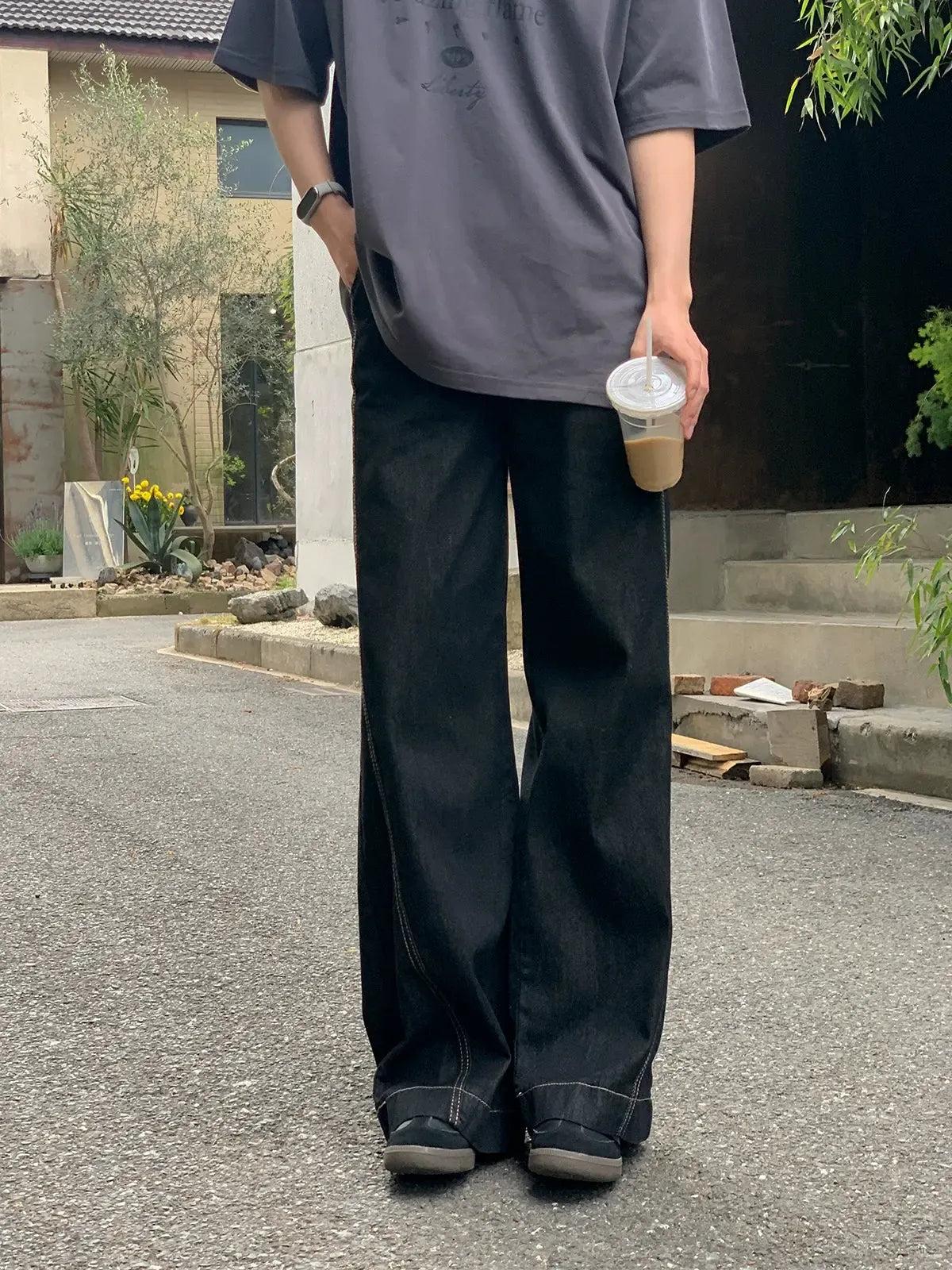 Zhou Contrast Stitched Wide Jeans-korean-fashion-Jeans-Zhou's Closet-OH Garments
