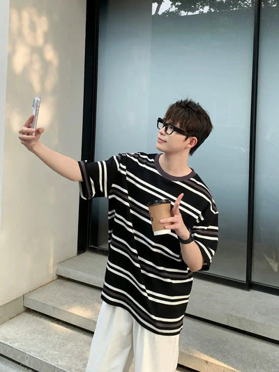 Zhou Contrast Striped T-Shirt-korean-fashion-T-Shirt-Zhou's Closet-OH Garments