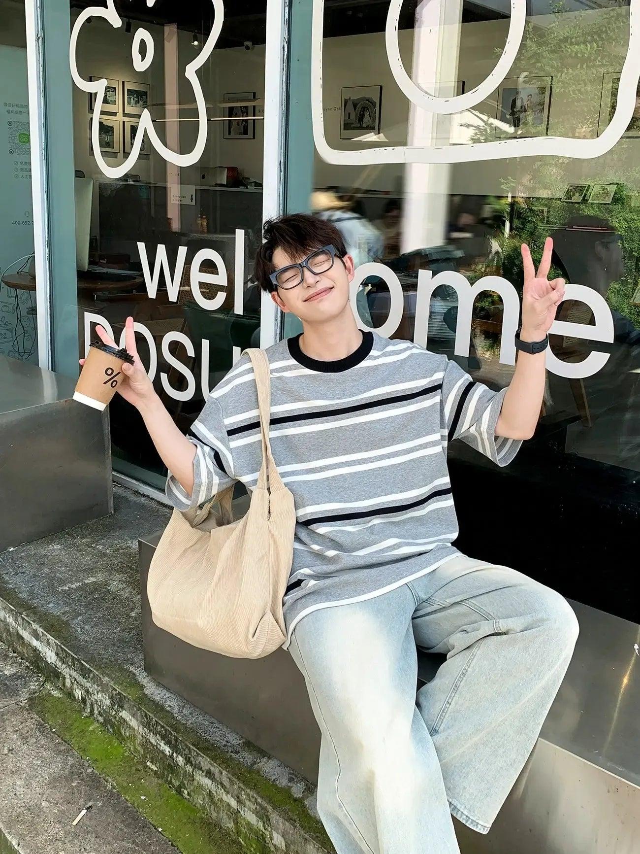 Zhou Contrast Striped T-Shirt-korean-fashion-T-Shirt-Zhou's Closet-OH Garments