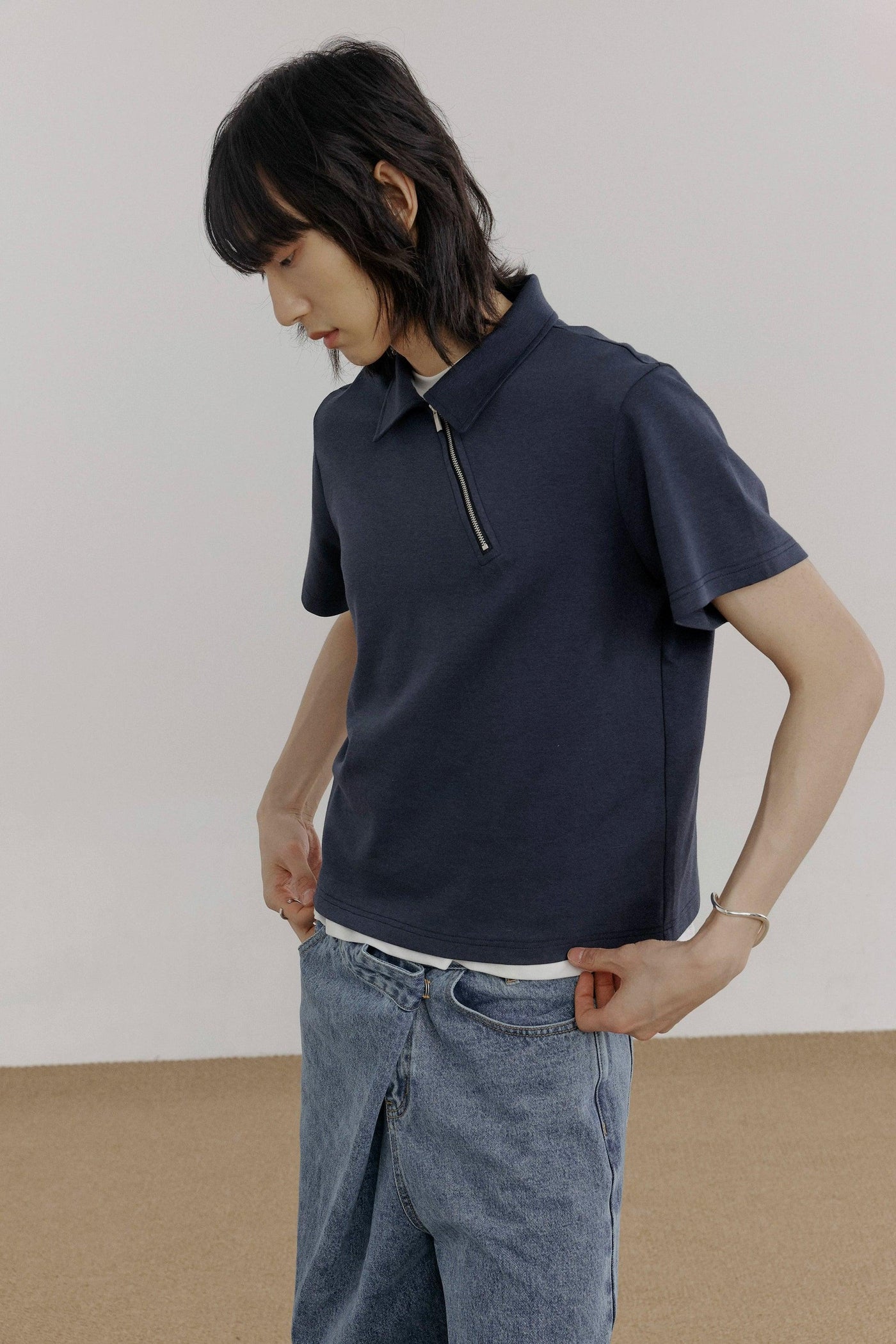 Zhou Diagonal Half-Zip Polo-korean-fashion-Polo-Zhou's Closet-OH Garments